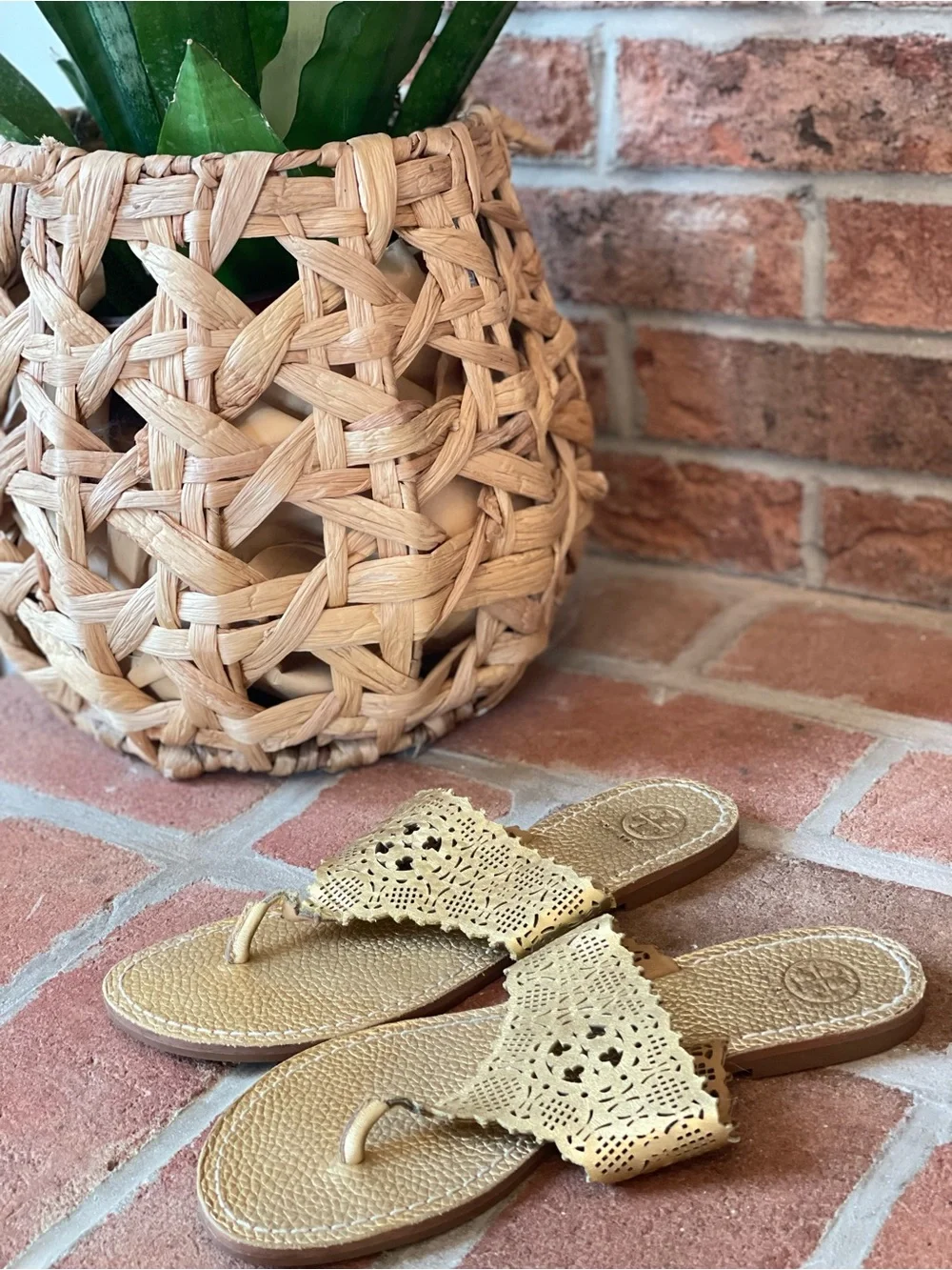 Tory Burch Gold Laser-Cut Leather Thong Sandals